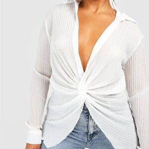 Plus Sheer Chiffon Plisse Twist Detail Longline Shirt